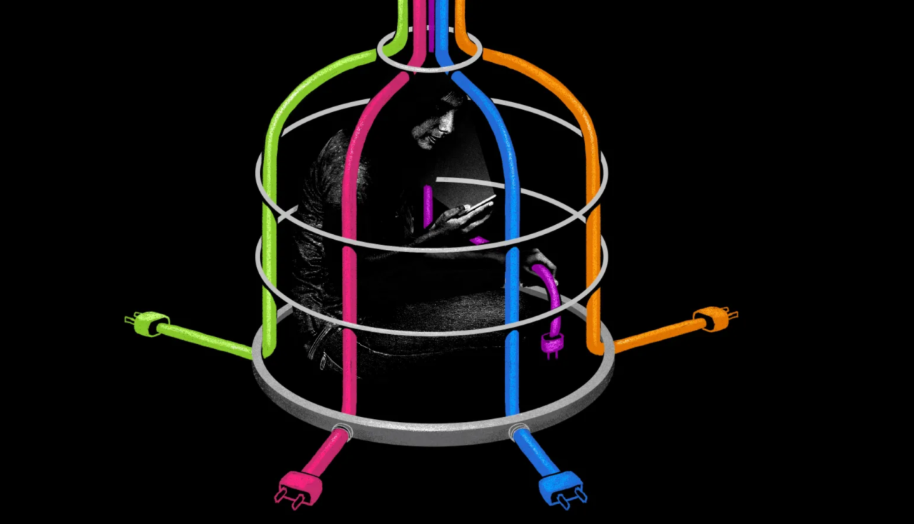 A graphic image of a woman, in a colorful cage of wires looking at her phone.