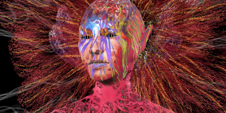 A computer-generated pink, wire-y face looking intently ahead with streams of blue, green, and purple running down its face.