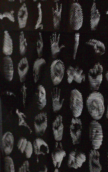 Scans of faces and feet on a black background.