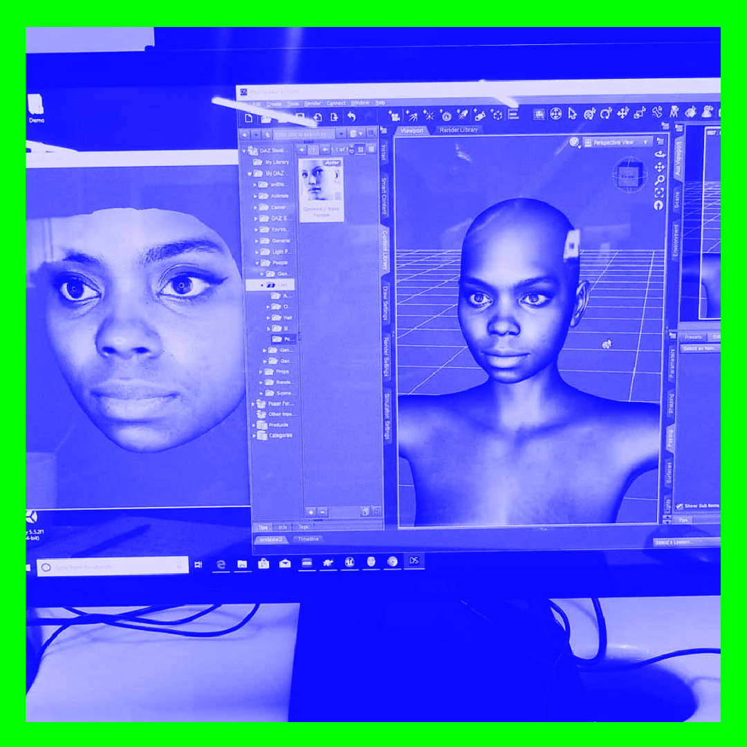 Animated portrait of LaJuné screened in blue with a green border.