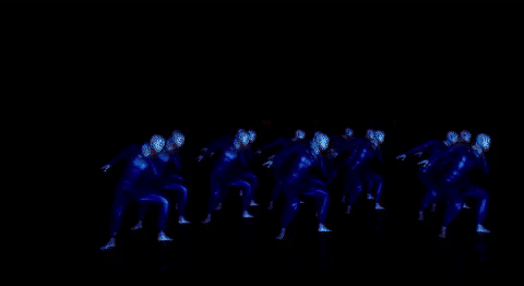 Moving video of a dancer, captured on Motion Capture, and transformed in an extended reality interface. First the dancer is multiplied, then he moves into a powerful, cascading light force.