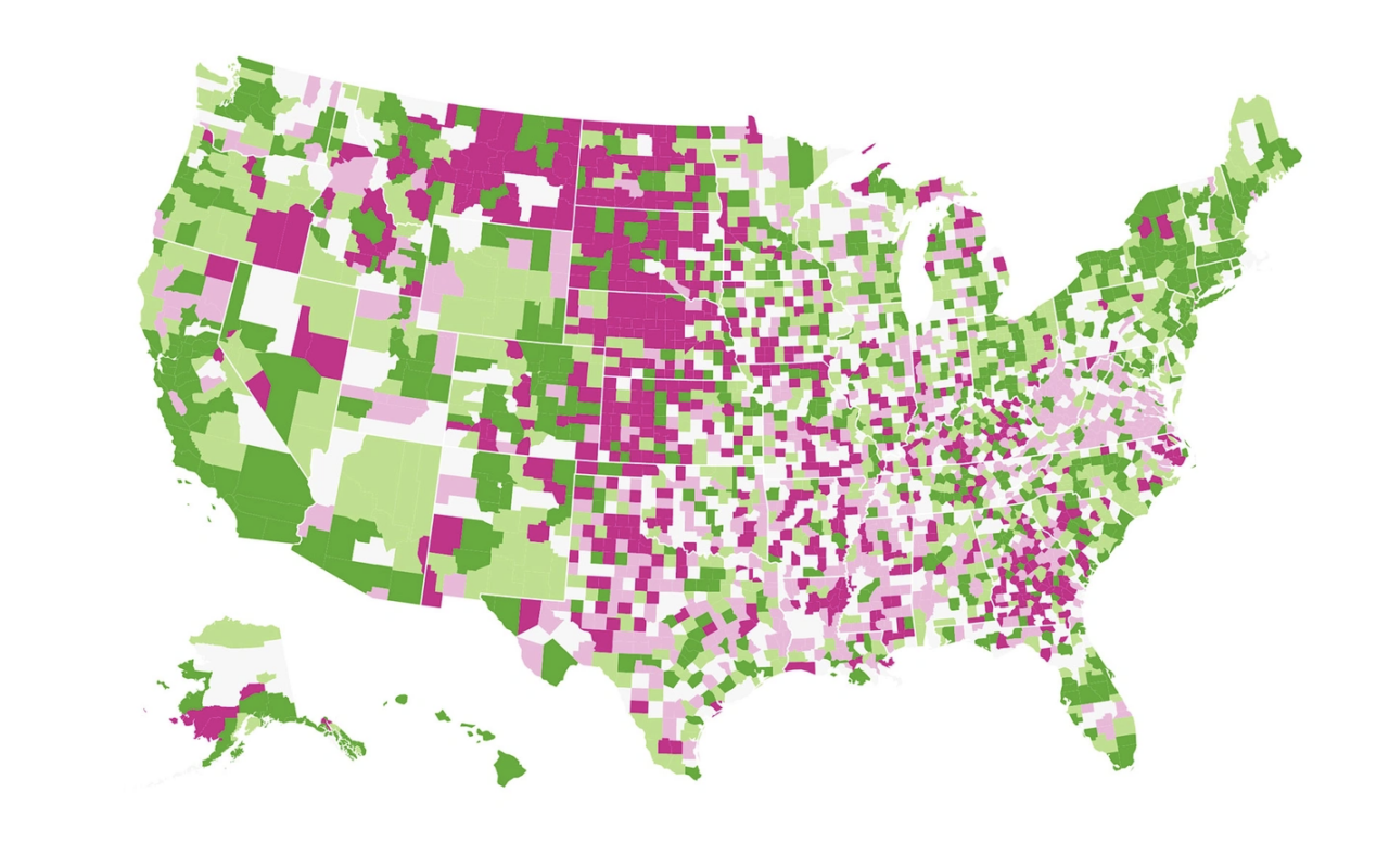 A map in pinks and greens of the United States shows the percentage of households editing Wikipedia by county.