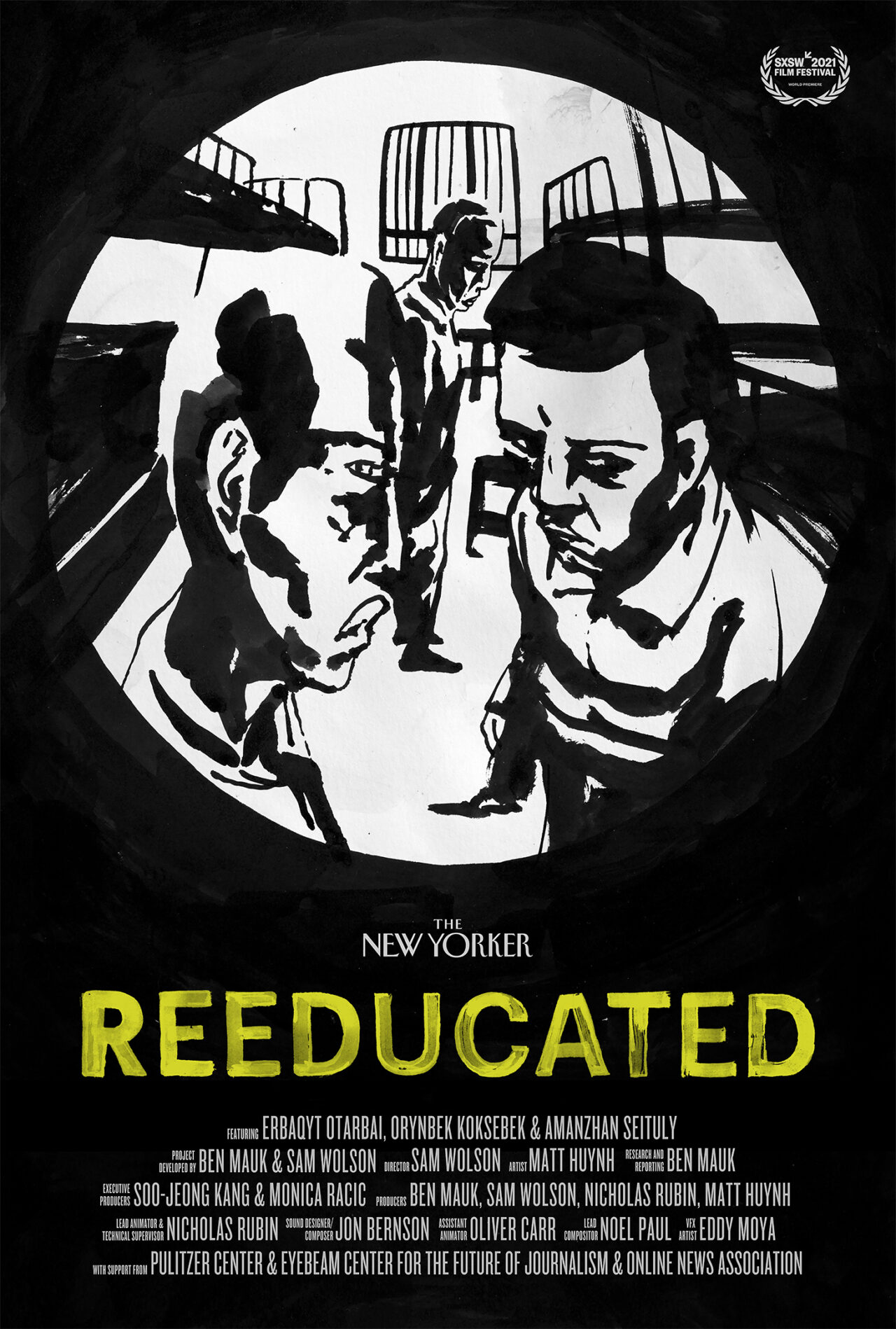 Graphic depiction of Uigher men in a detention camp with the SXSW film festival in the top right corner and the name of the film, Reeducated, in yellow at the bottom.