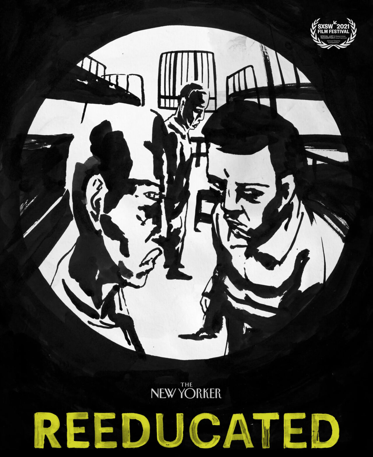 Black and white poster art with yellow lettering. A circle sits in the center. Inside we see three hand drawn men in a cell. Underneath the image is the logo for the New Yorker, then the title Uneducated in yellow.