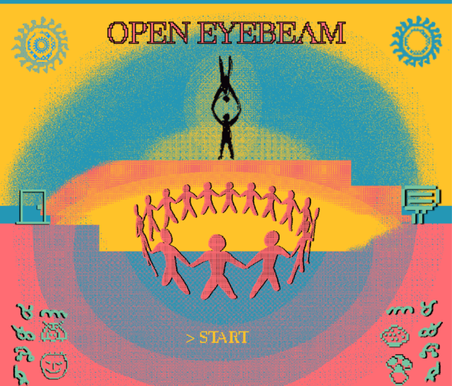 A graphic of a circle of figures holding hands, with the text "Open Eyebeam - Start". 