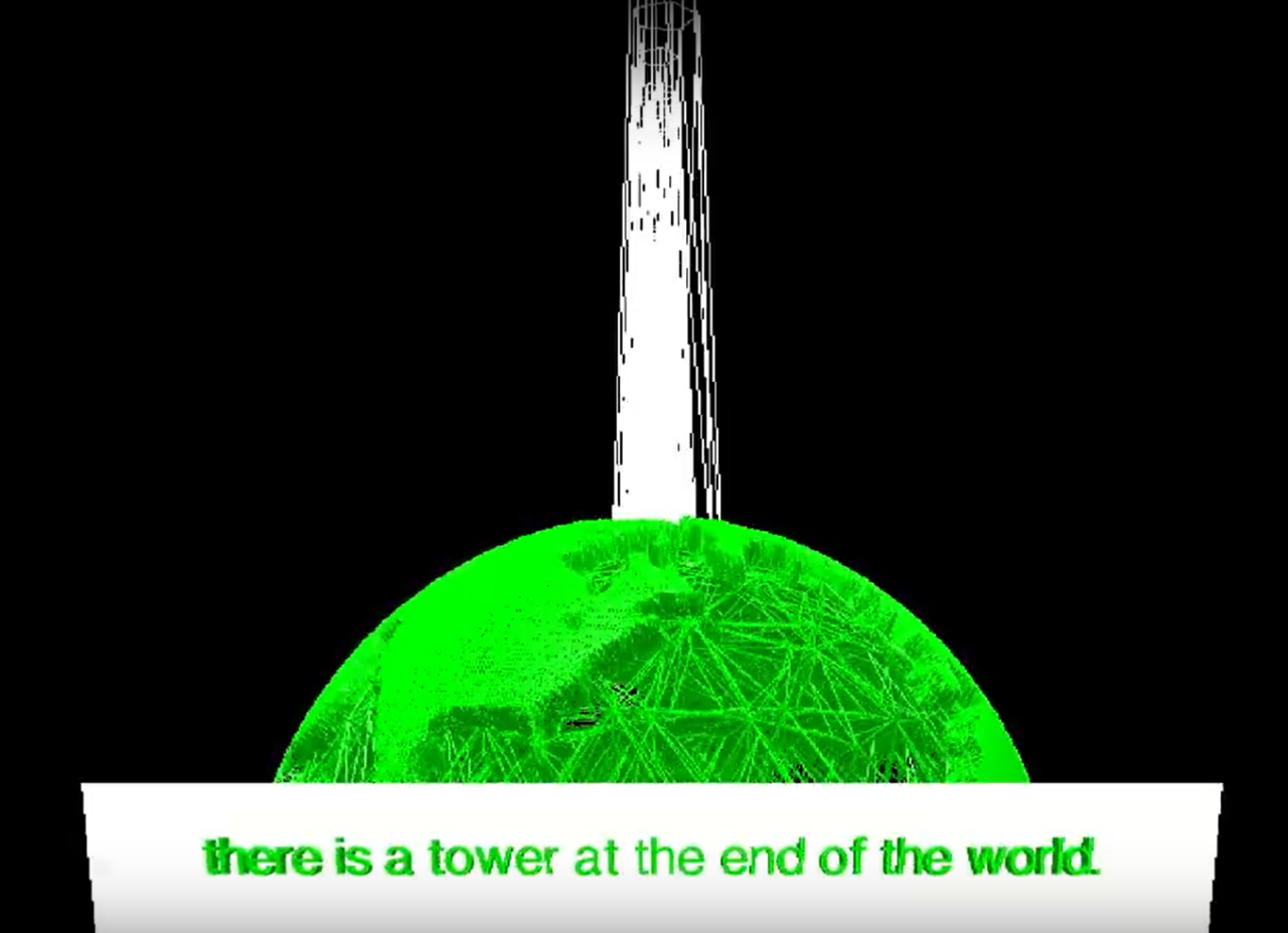 A pixelated tower rises above a green globe, with the caption 