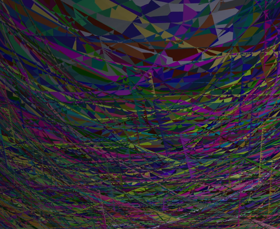 A glitchy image of many colorful lines intersecting.